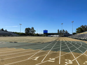 CSUS removing old field to replace it with shiny new turf for the 2021 football season. View from the starting track numbers, looking down the field, sidelines, and rest of the track.