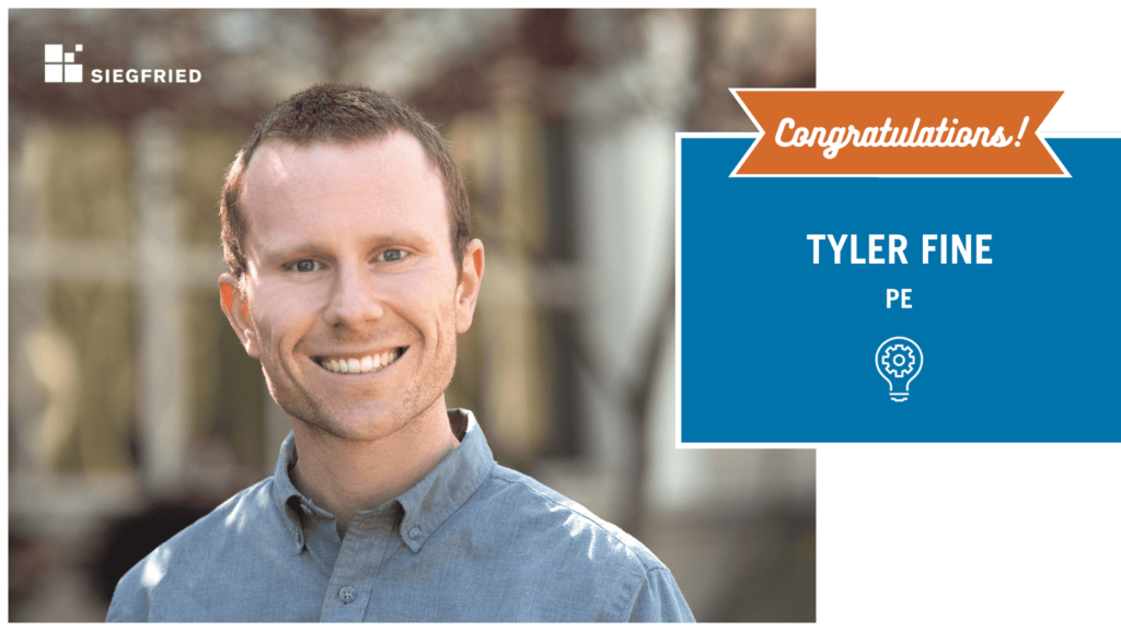 A professional headshot of Tyler Fine, PE, accompanied by text expressing congratulations on his achievement.