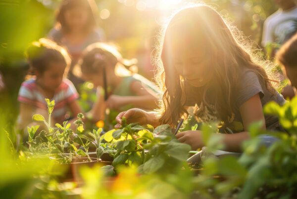 A girl tending to the plants in a raised garden bed, with a soft sun flare shining above her head. In the background, other children are visible but out of focus, contributing to the lively space. The warm sunlight creates a gentle glow around the girl, emphasizing her connection with the garden and appreciation of nature.